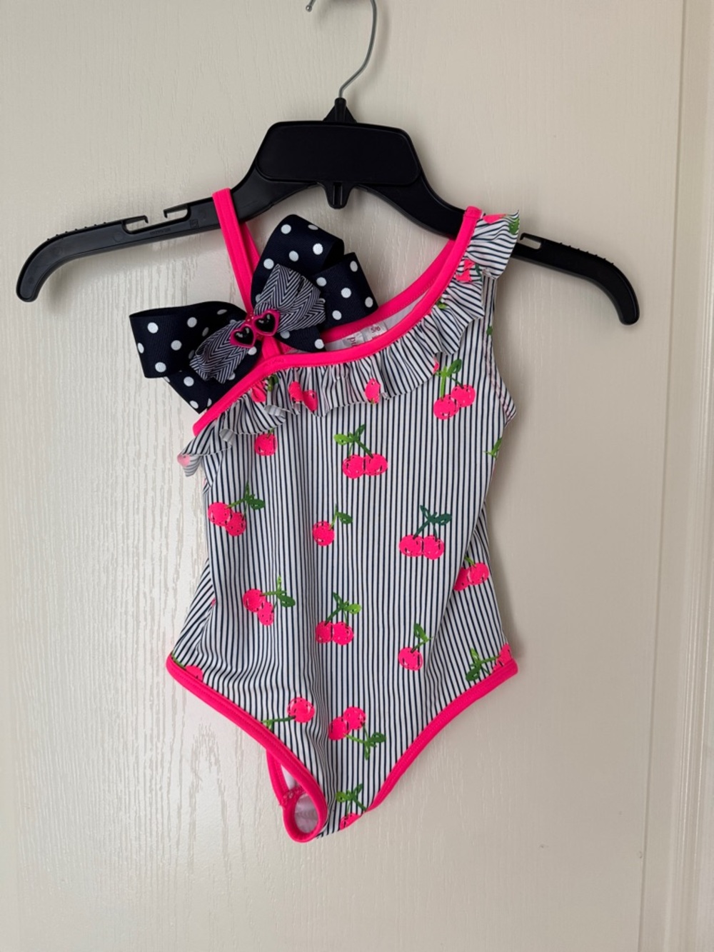 Girls One-Shoulder Cherry Swimsuit with Polka Dot Bow - Pink & Black